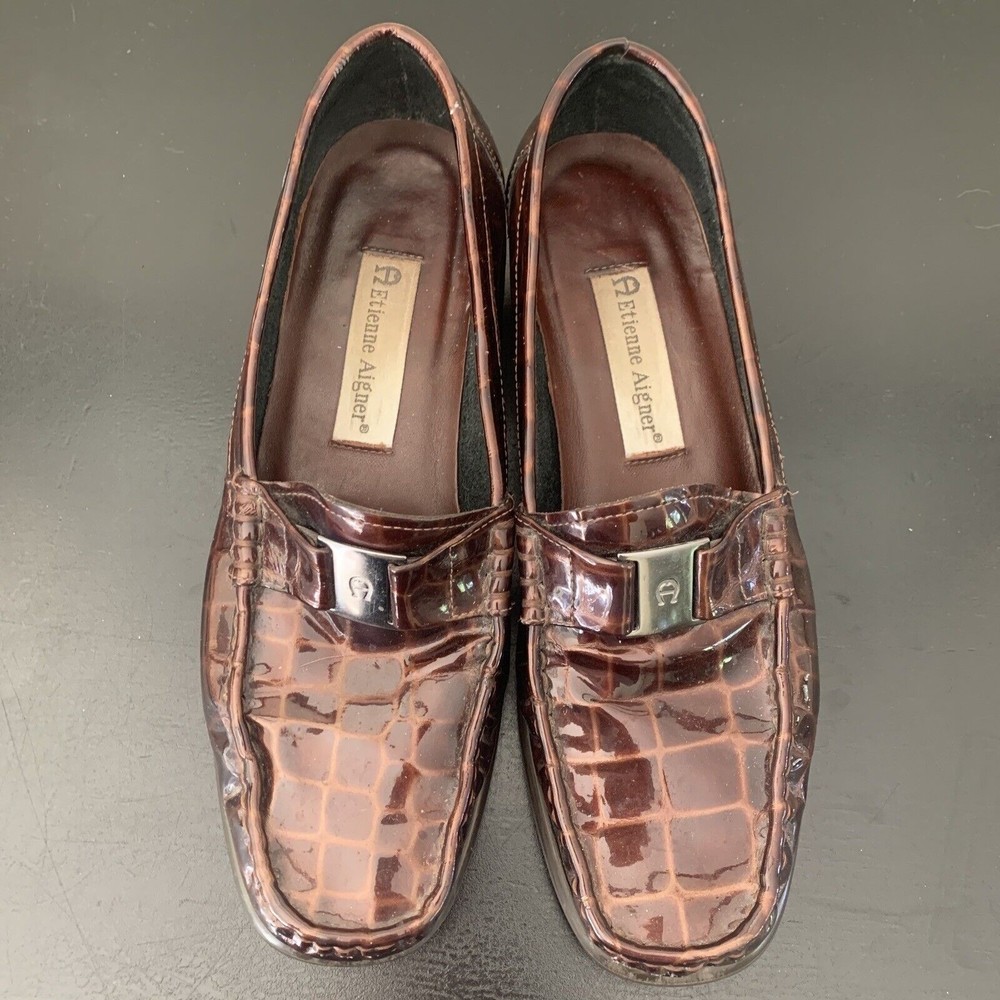 Etienne Aigner CHICKLET 7.5 Brown Crocodile Leather Flat Loafers Buckle Shoes - Picture 2 of 10